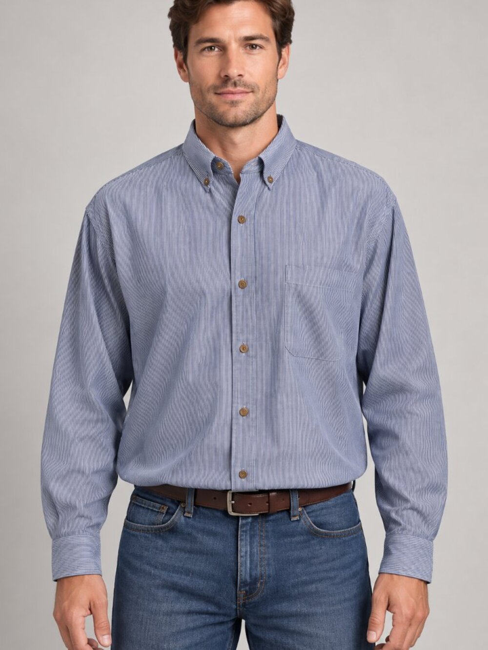 Nob Hill Men's L Blue White Pinstripe Cotton Blend Button Down Shirt Preppy